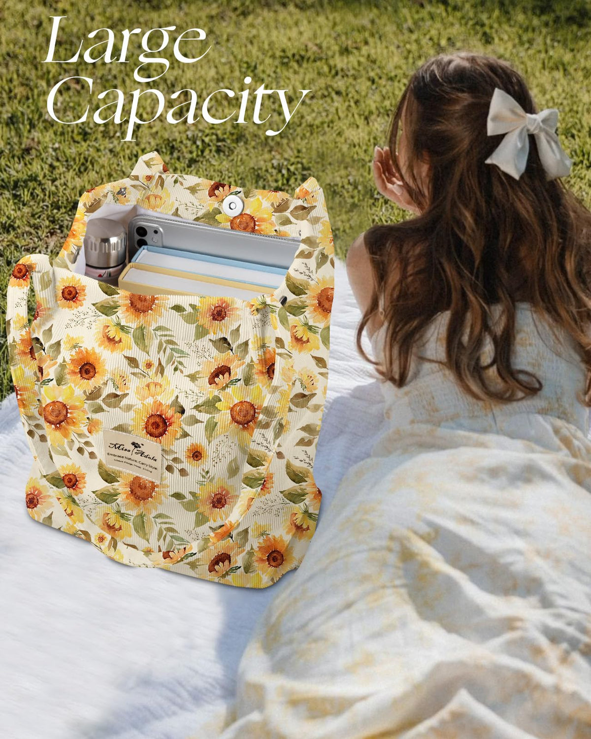 Large tote measures about 15.7 by 13 inches for daily needs