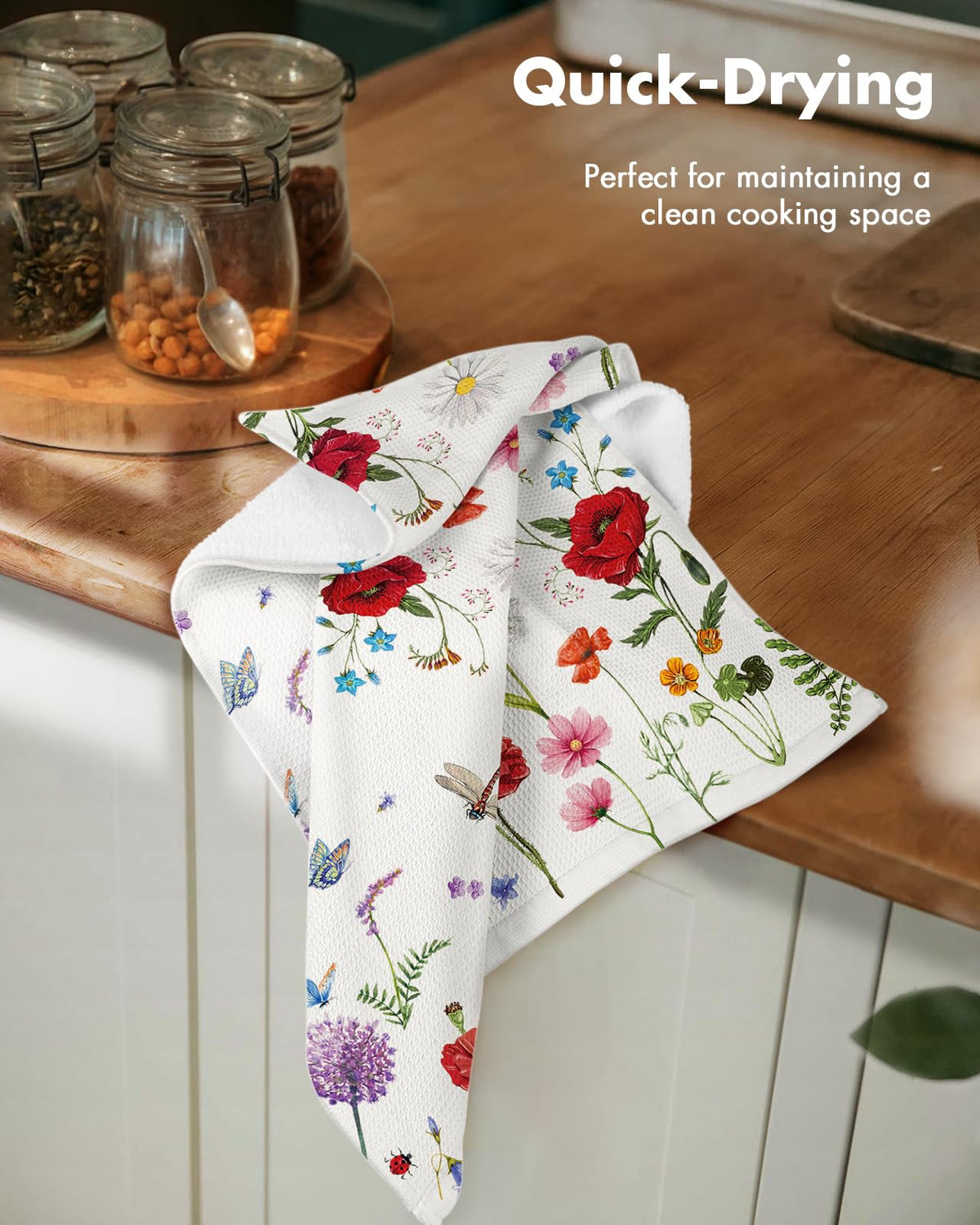 Miss Adola waffle towels show absorbent weave for fast drying after washing.