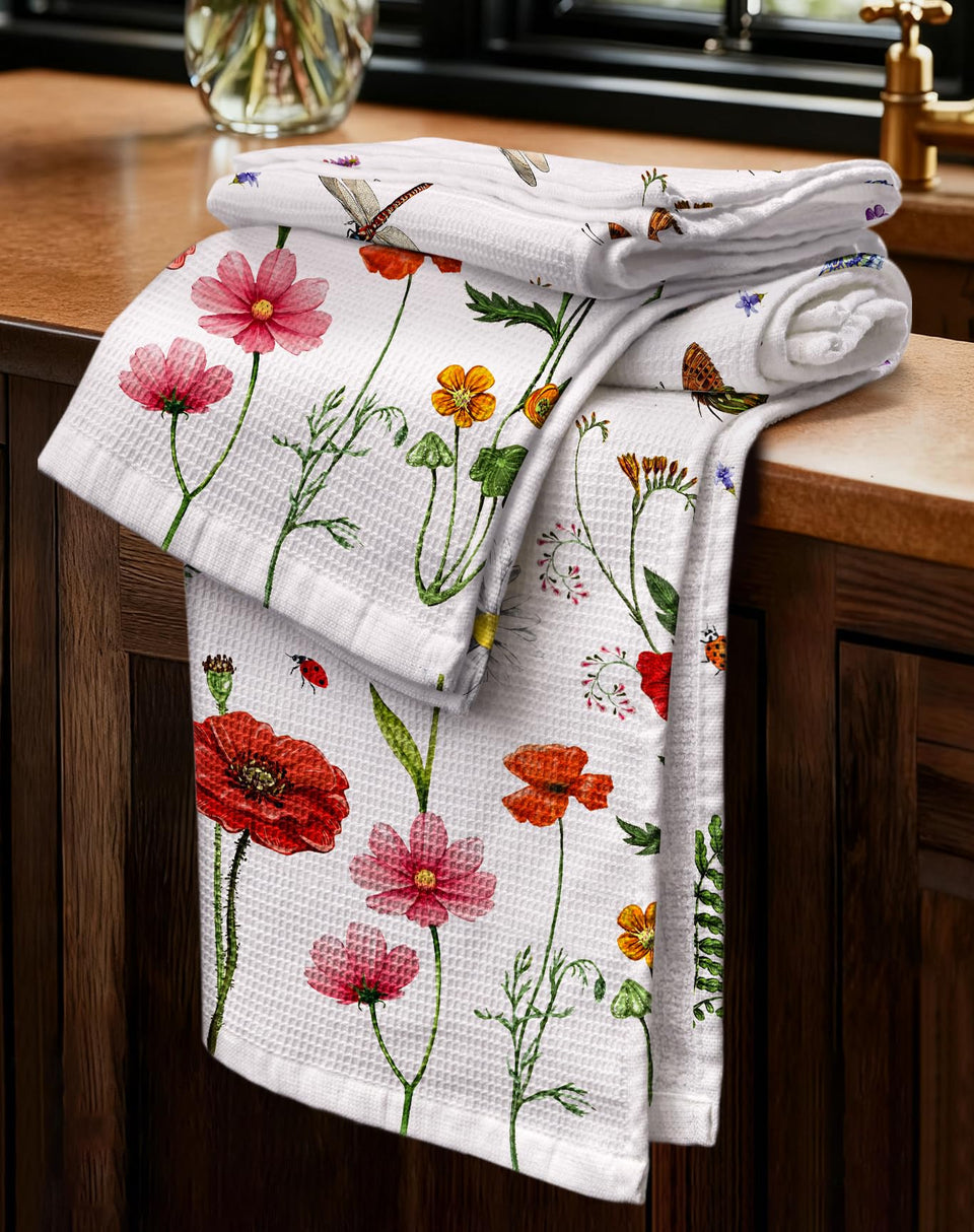 Miss Adola waffle towels with hanging loop for easy storage and quick access.