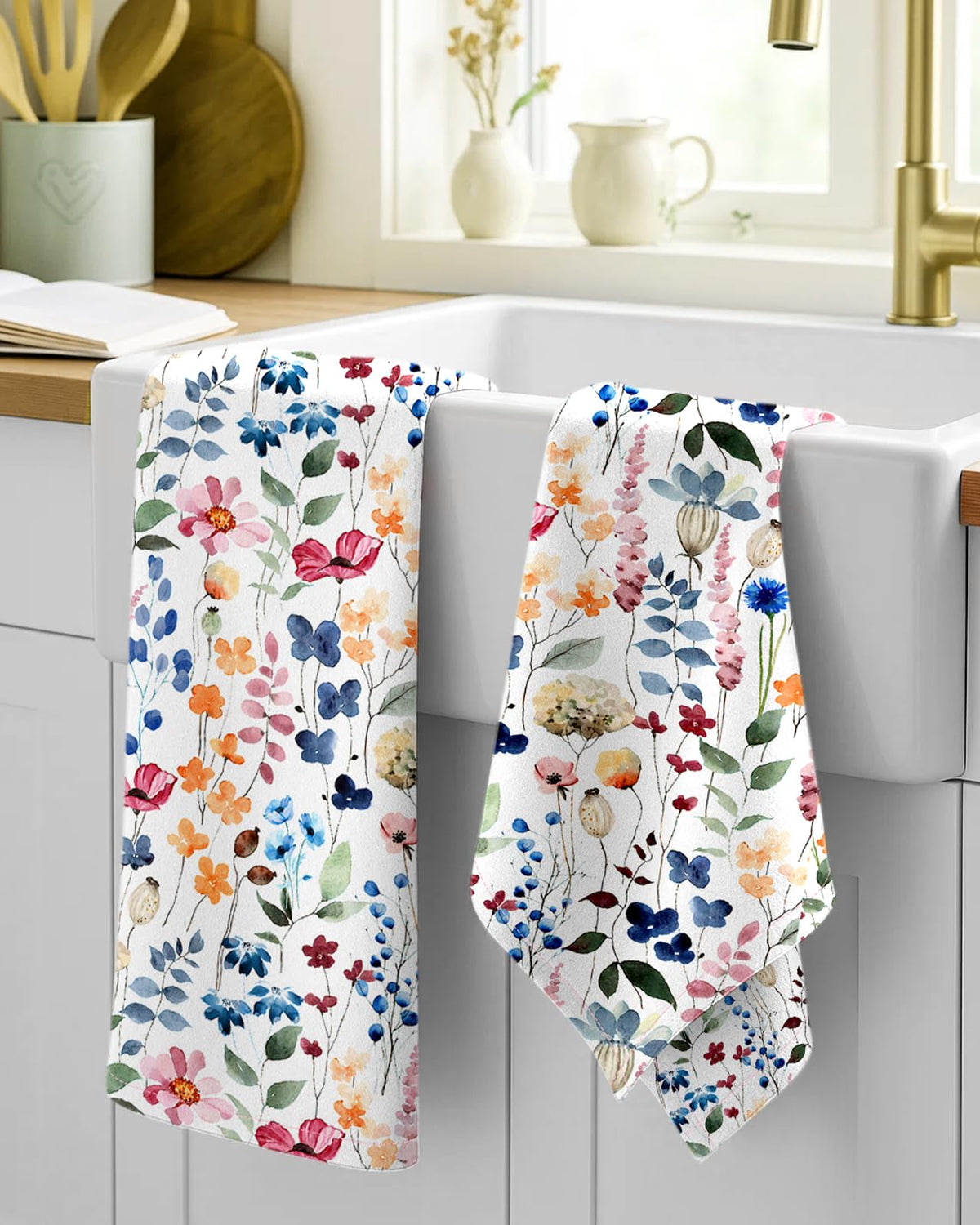 Miss Adola flour sack towel featuring watercolor flower pattern for decorative drying