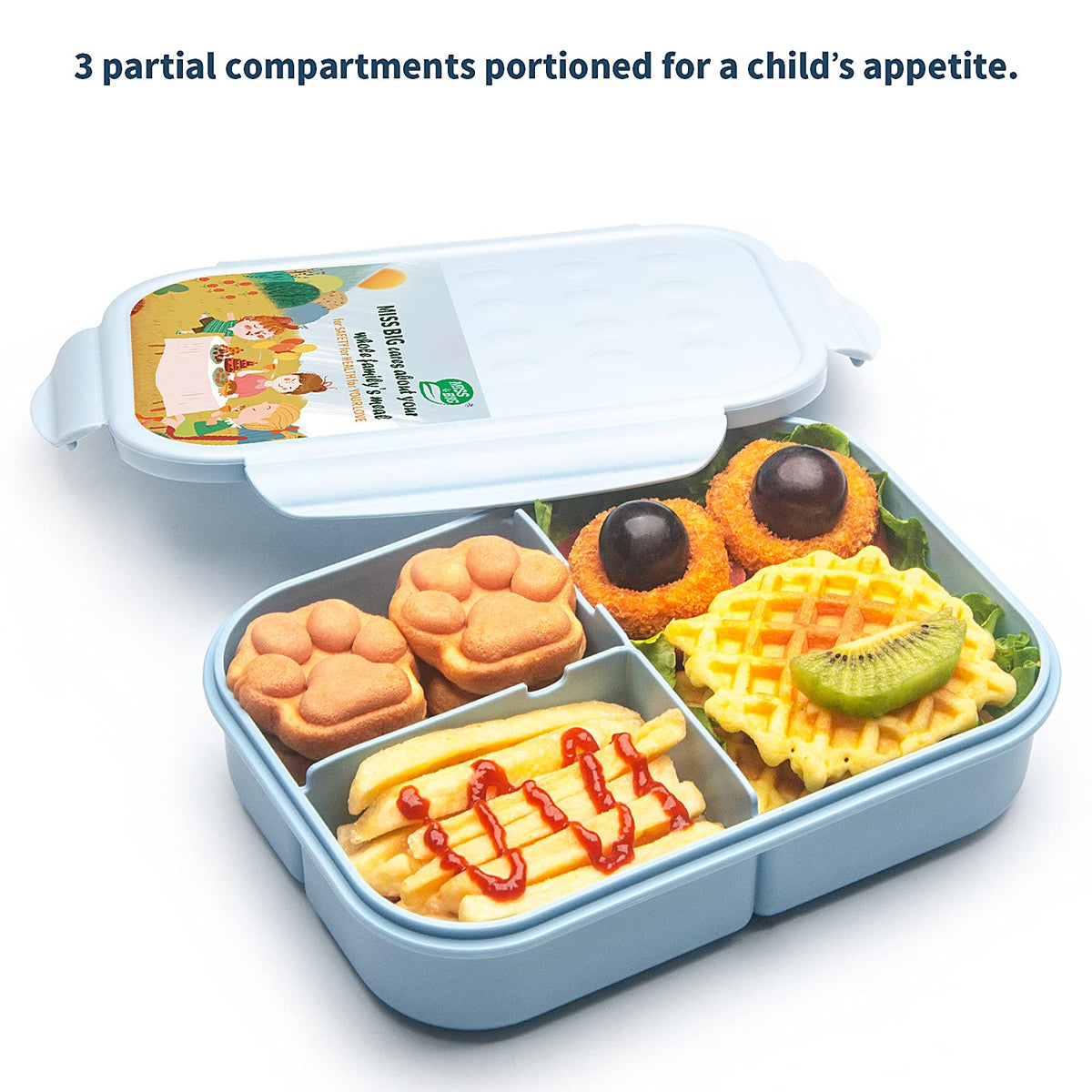 MISS BIG Bento Box's three-compartment design helps portion meals for kids.