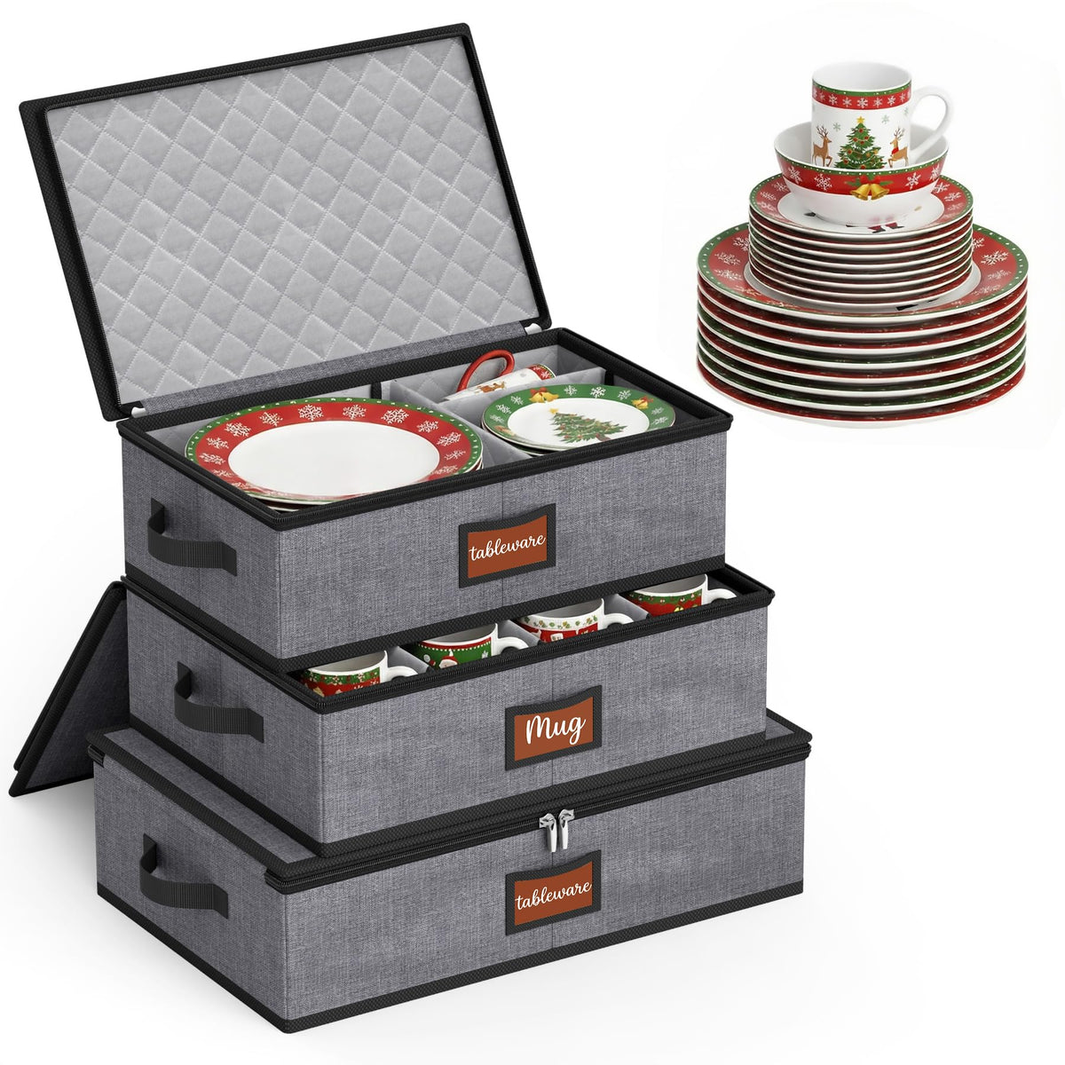 MISSLO large-capacity china storage container in grey front view protecting plates.