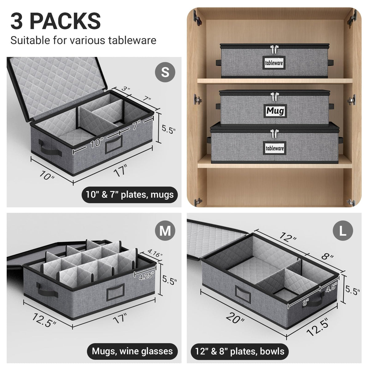 MISSLO stackable dinnerware storage containers maximize cabinet space when stored.