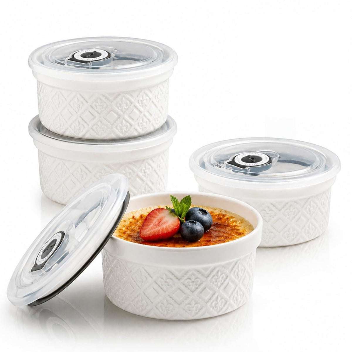 MISSYSSIM 12oz creme brulee ramekins with lids preserve freshness.