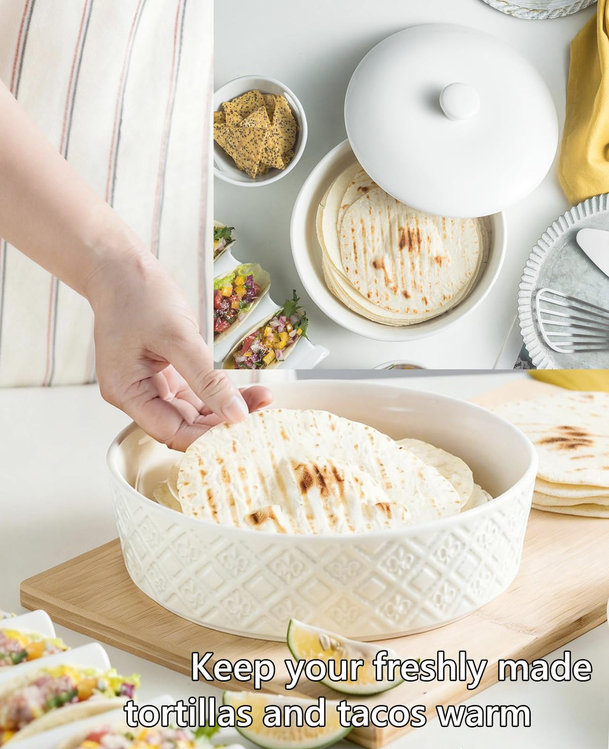 MISSYSSIM embossed ceramic tortilla holder white elevates table presentation and keeps food warm.