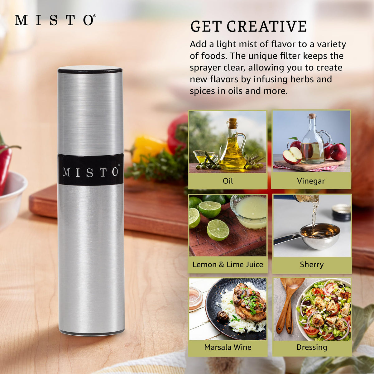 Misto oil sprayer dressing pour bottle for vinaigrette and dressings.
