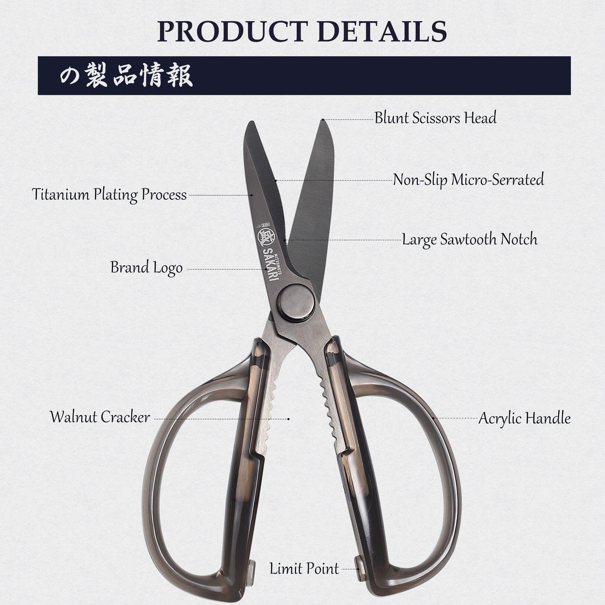 Clear acrylic handles provide comfortable grip on MITSUMOTO SAKARI scissors.