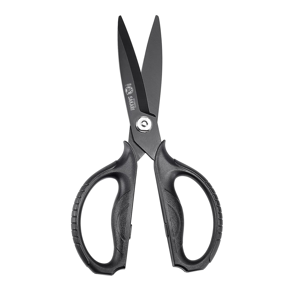 MITSUMOTO SAKARI kitchen scissors blade close-up highlights titanium plates for precise cuts.