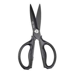 MITSUMOTO SAKARI kitchen scissors blade close-up highlights titanium plates for precise cuts.