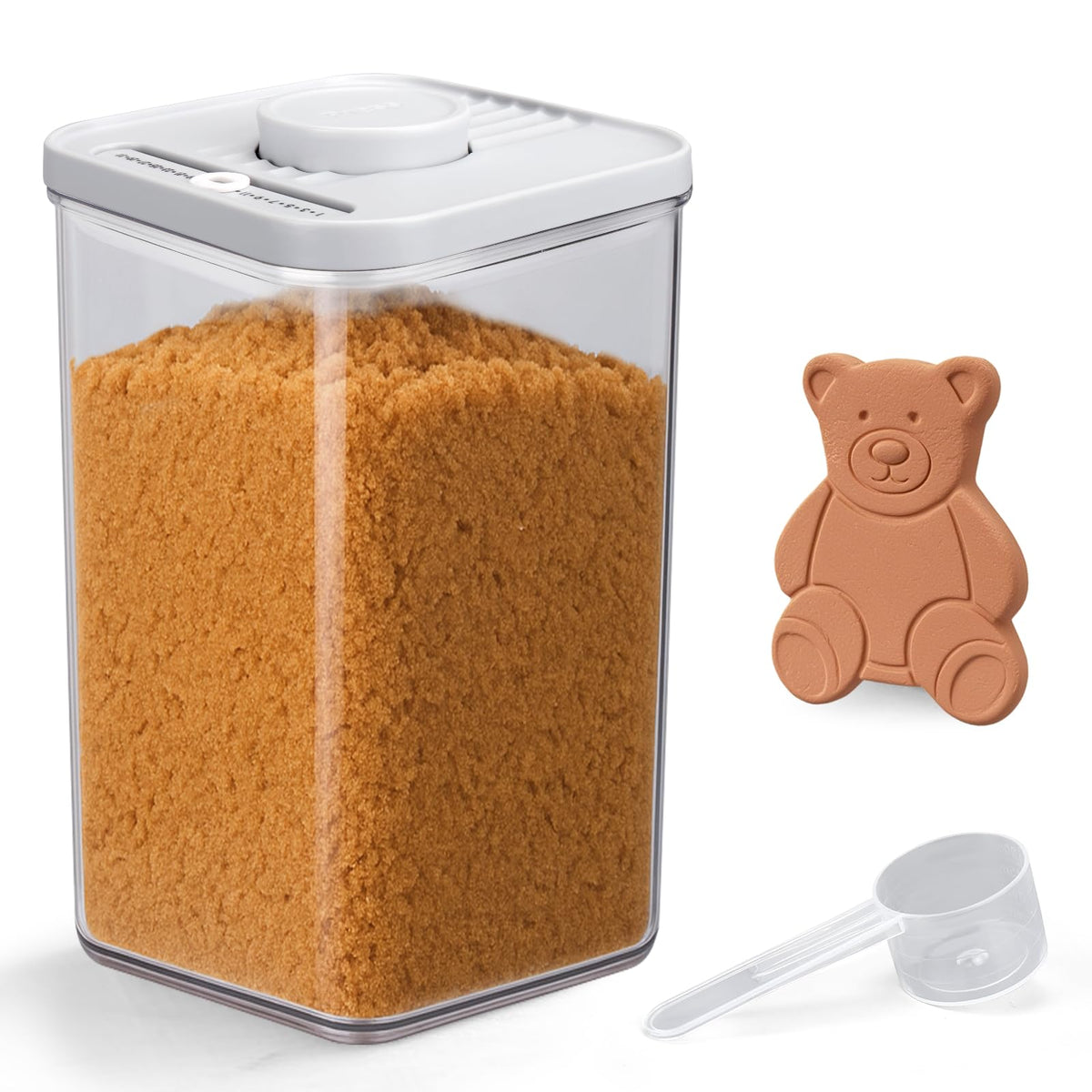 Mity rain airtight brown sugar container with clear lid for freshness at a glance.