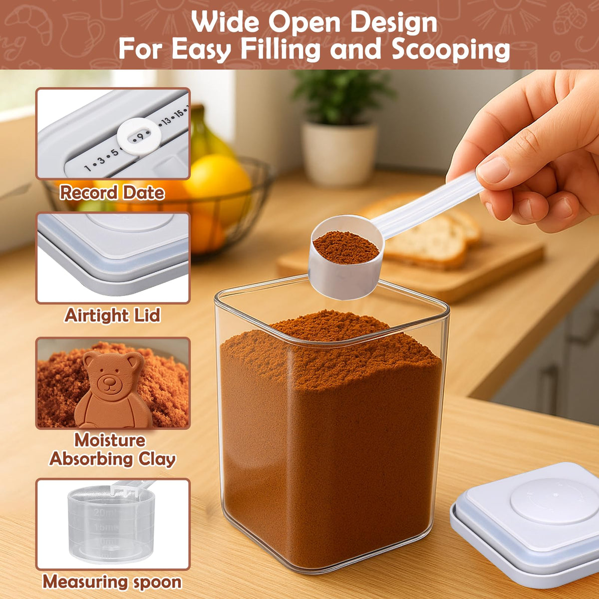 Mity rain measuring spoon included beside container for accurate scoops.