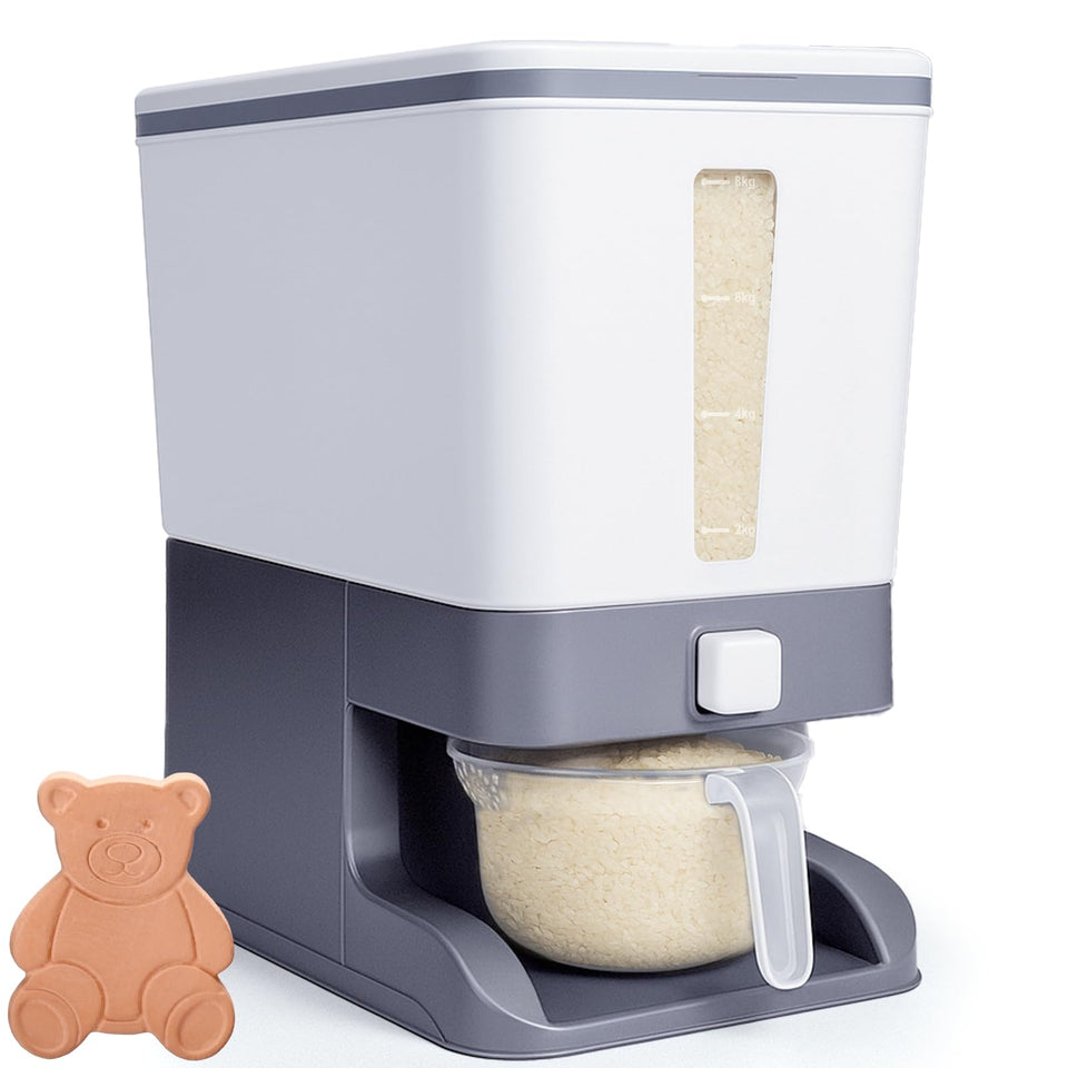 Mity Rain rice dispenser with 20lb capacity viewed from front for stock awareness.