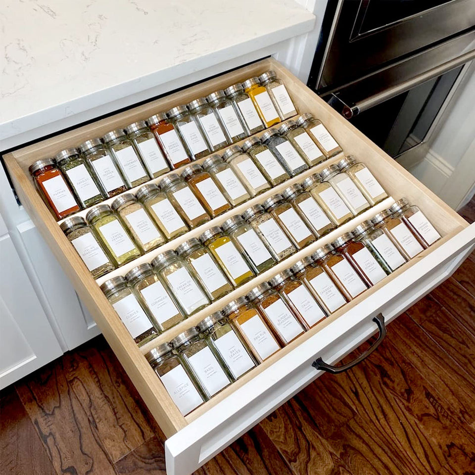 MIUKAA clear acrylic spice drawer 4-tier setup for crystal-clear organization.