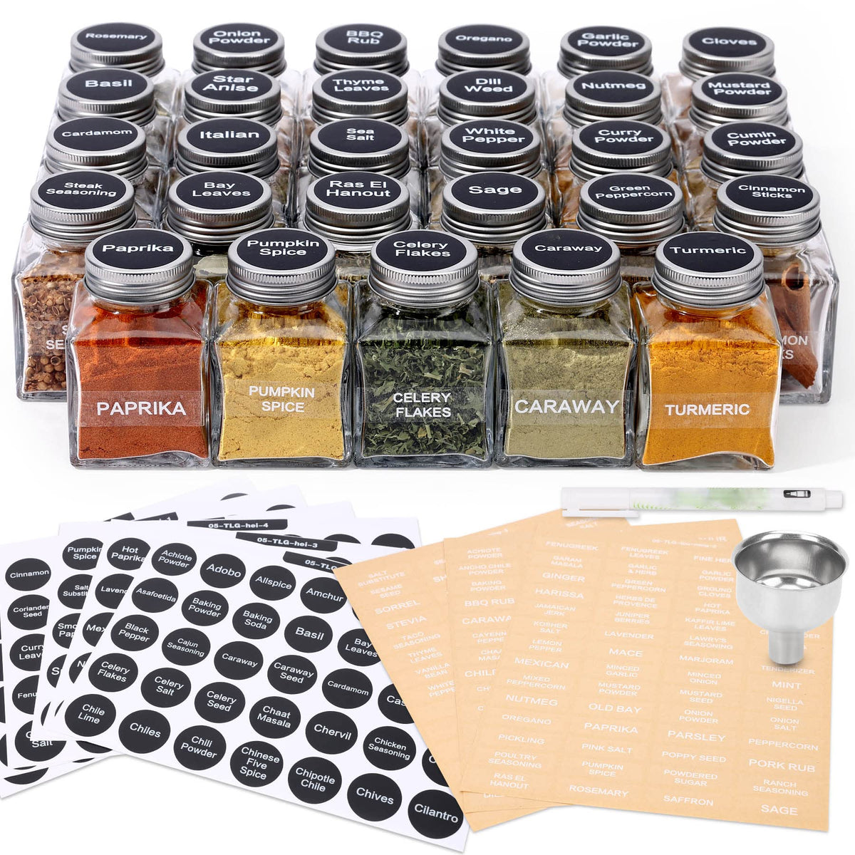 MIUKAA 29-pack spice jars close-up showing crystal-clear glass