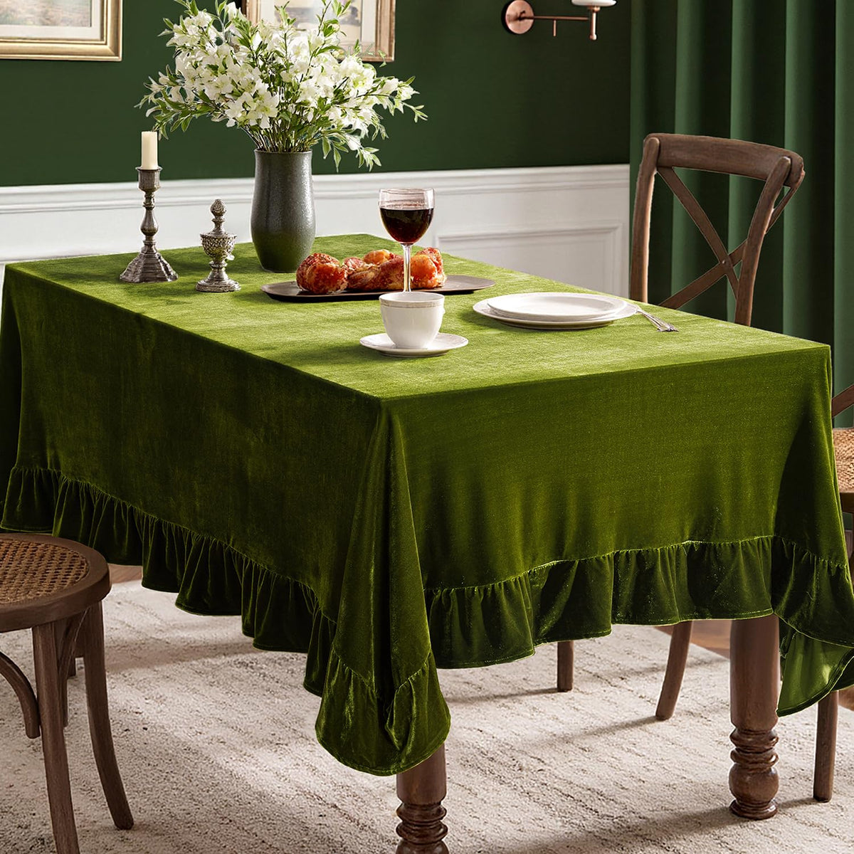 MIULEE velvet tablecloth with decorative ruffle edge adds elegant texture for special meals