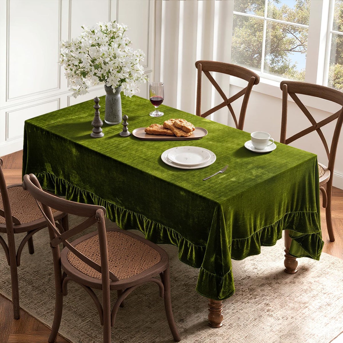 MIULEE velvet tablecloth in olive green brings warm color and versatile styling