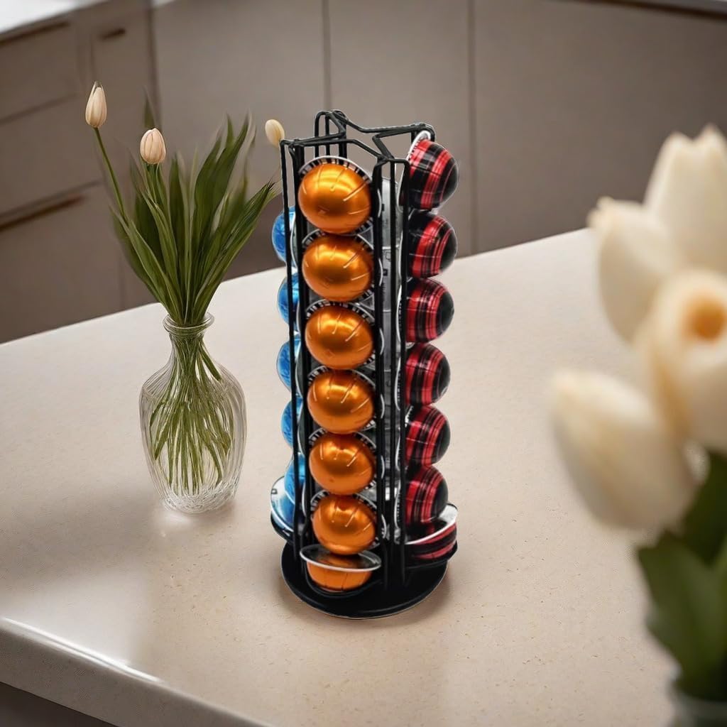 Miuly 360-degree rotating pod holder provides easy reach to favorites.