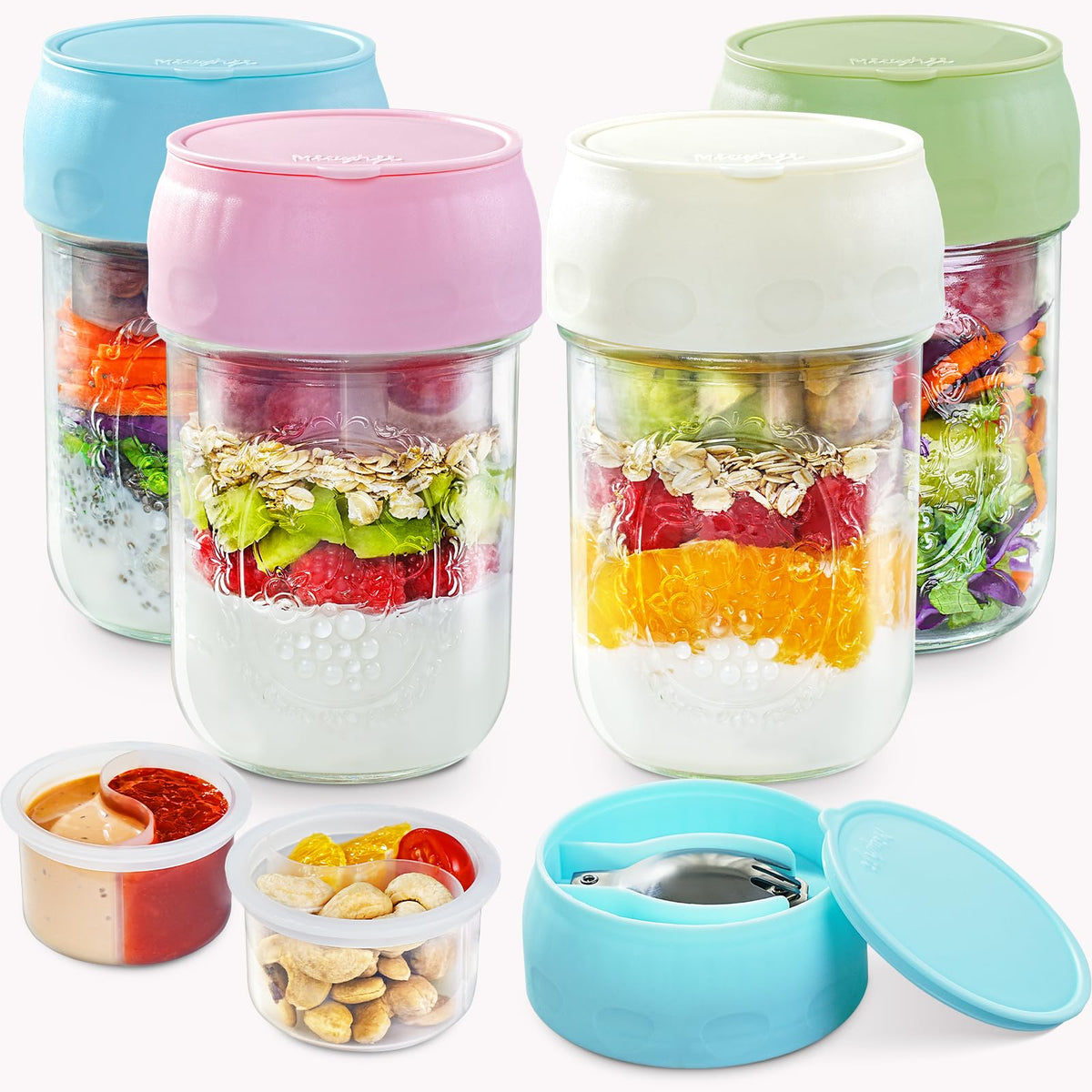 Miuyhji overnight oats container with divided compartments keeps toppings separate and crunchy