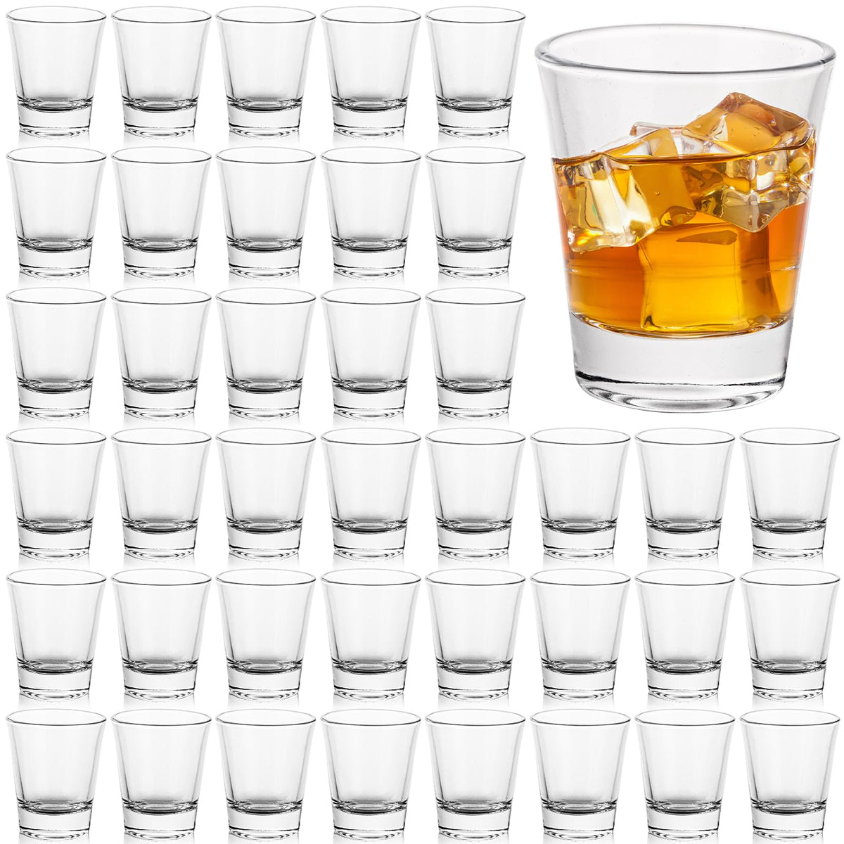 MIVIDE 48-pack 60 ml round shot glasses, clear and sturdy for gatherings.