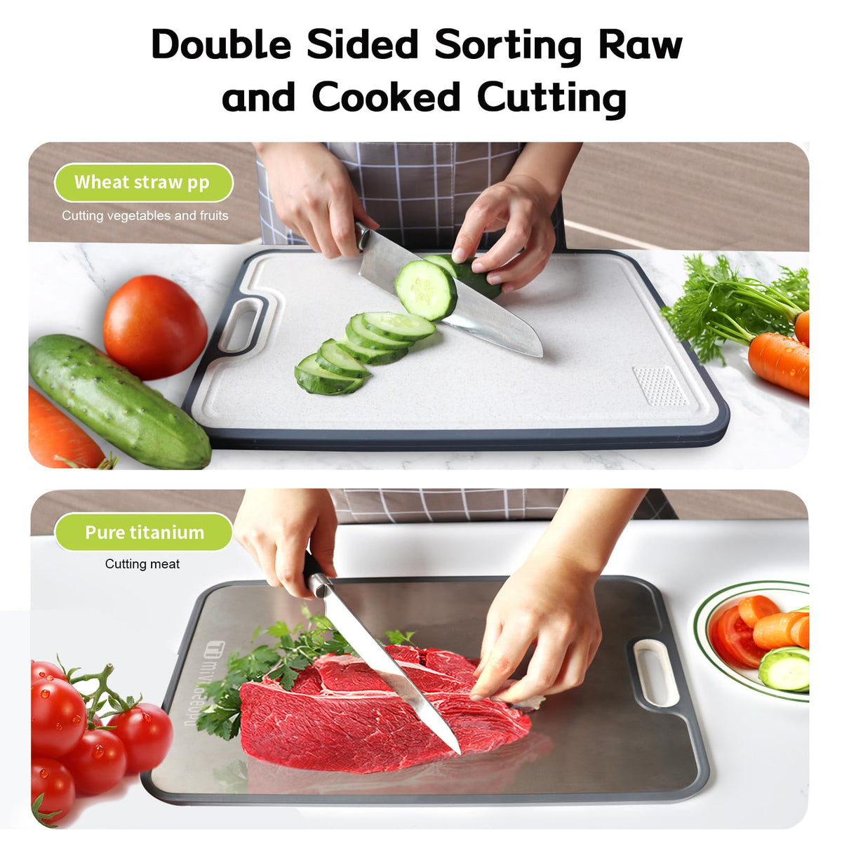 Mivndeeopu double-sided design; separate surfaces reduce cross-contamination during prep.