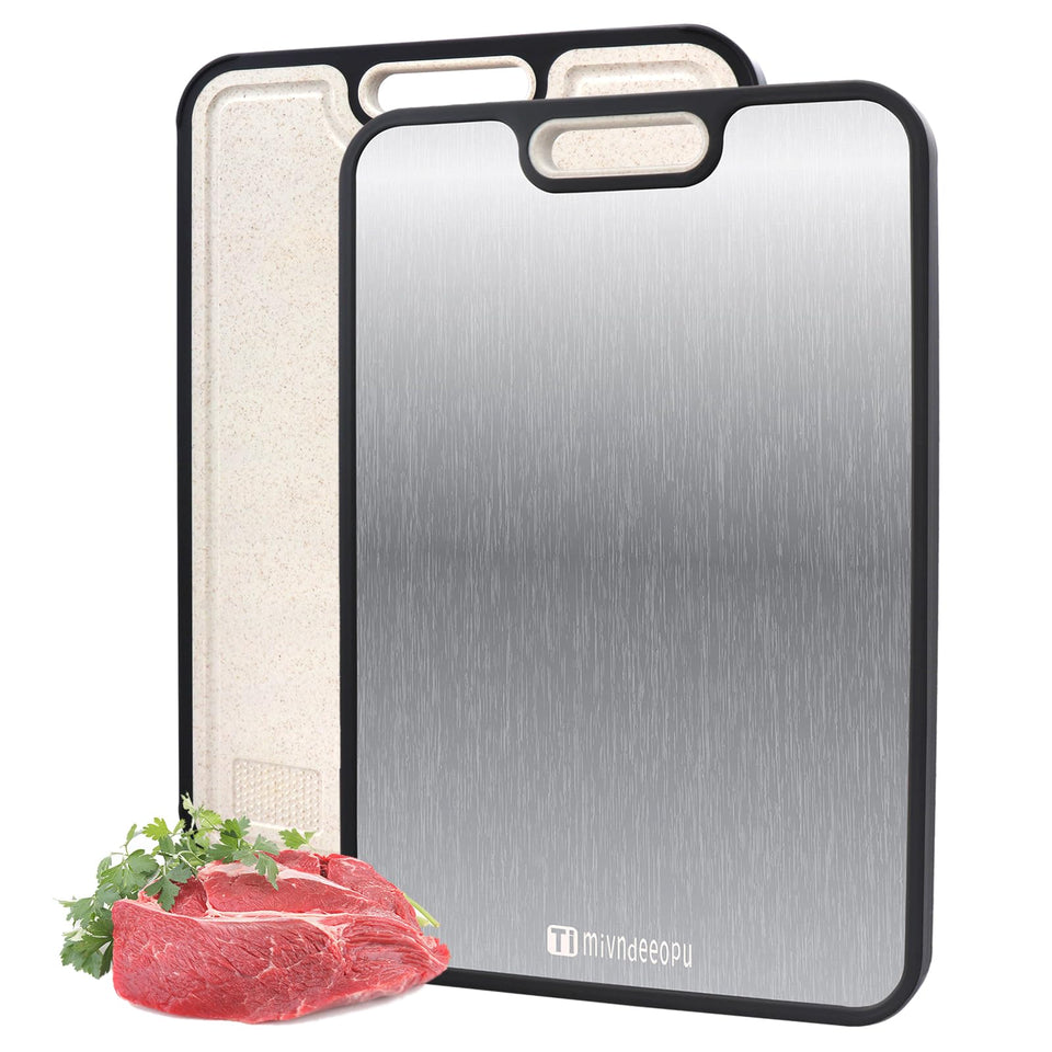 Mivndeeopu titanium cutting board front view; durable, food-grade surface for meat prep.