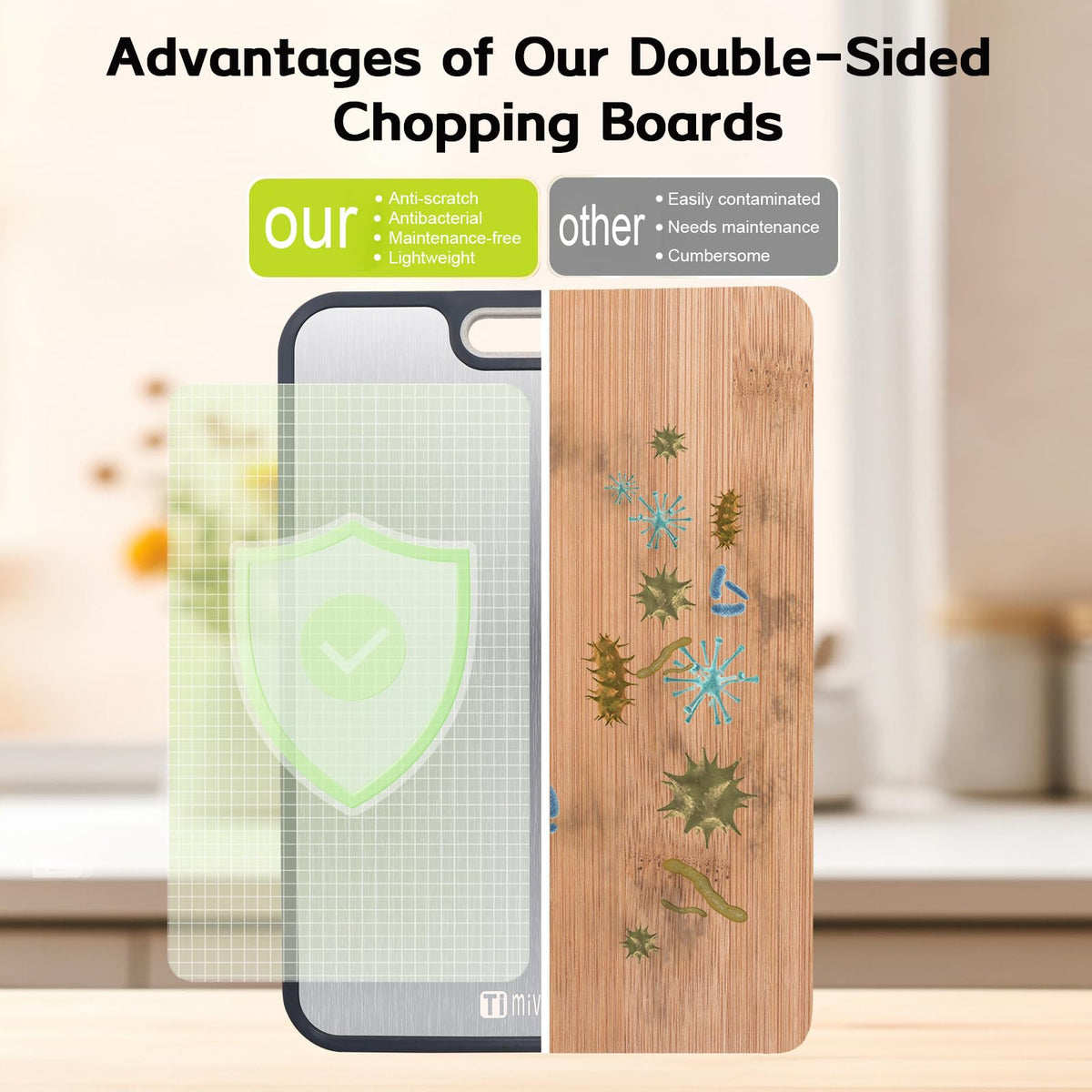 Mivndeeopu titanium cutting board with juice groove; mess-free prep for fruits and vegetables.