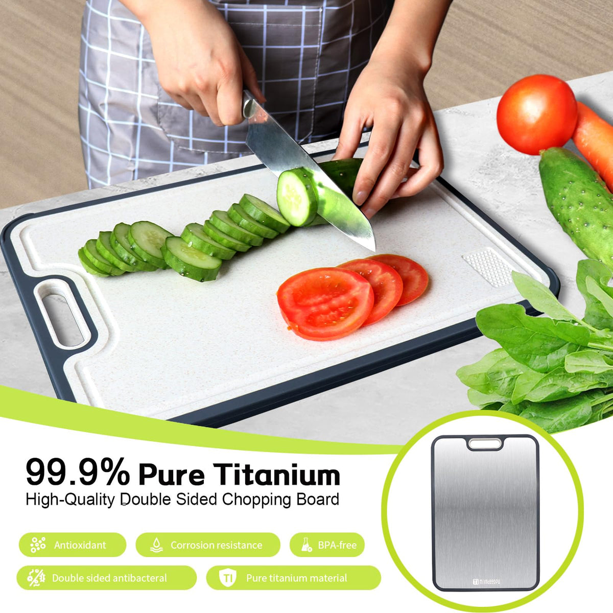 Mivndeeopu titanium cutting board side view; lightweight yet sturdy for daily chopping.