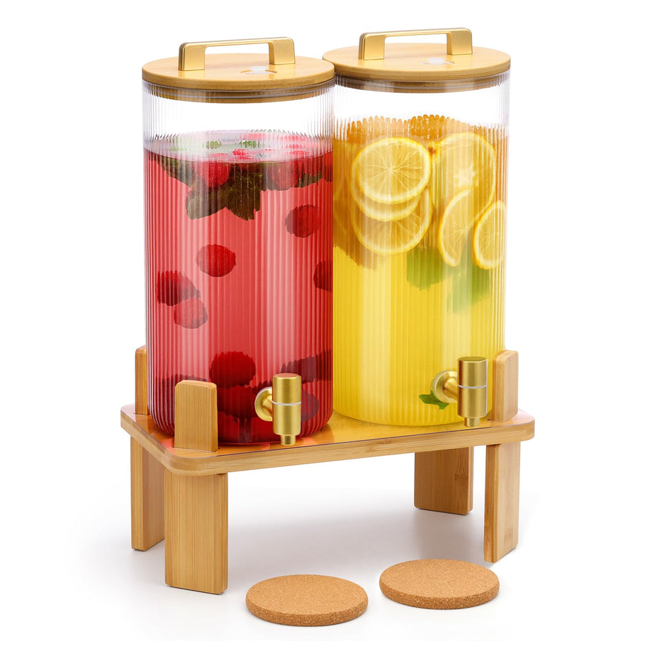 MIWUYI 1.5-gallon glass dispenser on a wooden stand for stylish party service.