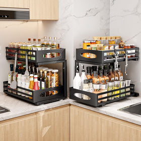 Mixeshop slide-out metal cabinet organizer shown for easy reach