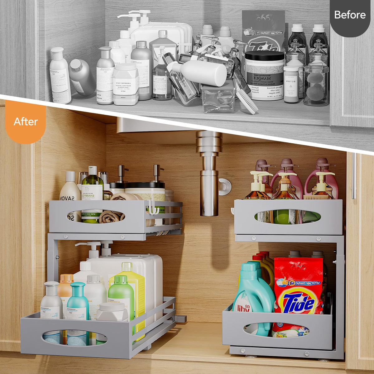 Mixeshop under-sink organizer 2-tier close-up reveals durable carbon steel construction.