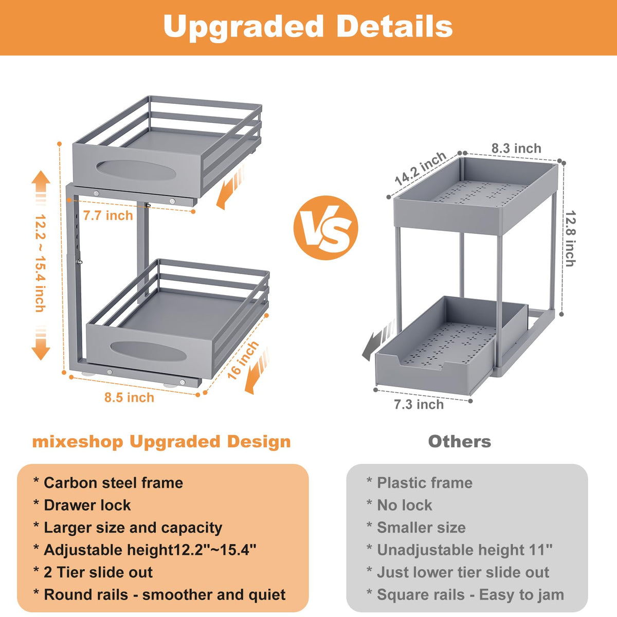 Mixeshop under-sink organizer 2-tier dimensions guide shows adjustable height range.