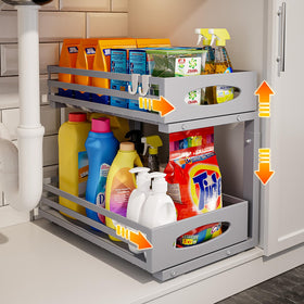 Mixeshop under-sink organizer 2-tier front view shows easy access to stored items.