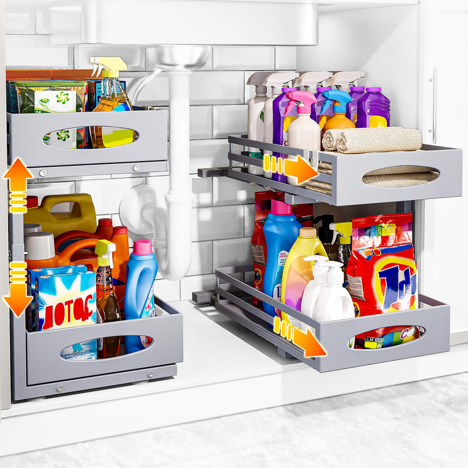 mixeshop under-sink-organizer 2-tier pull-out gray for easy access to cleaners and bottles