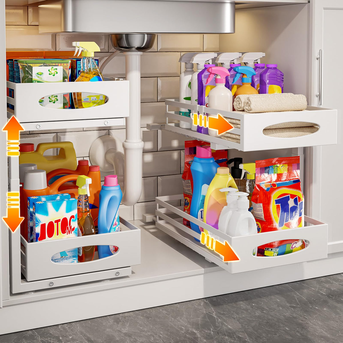 Mixeshop under-sink 2-tier organizer with slide-out for easy access.
