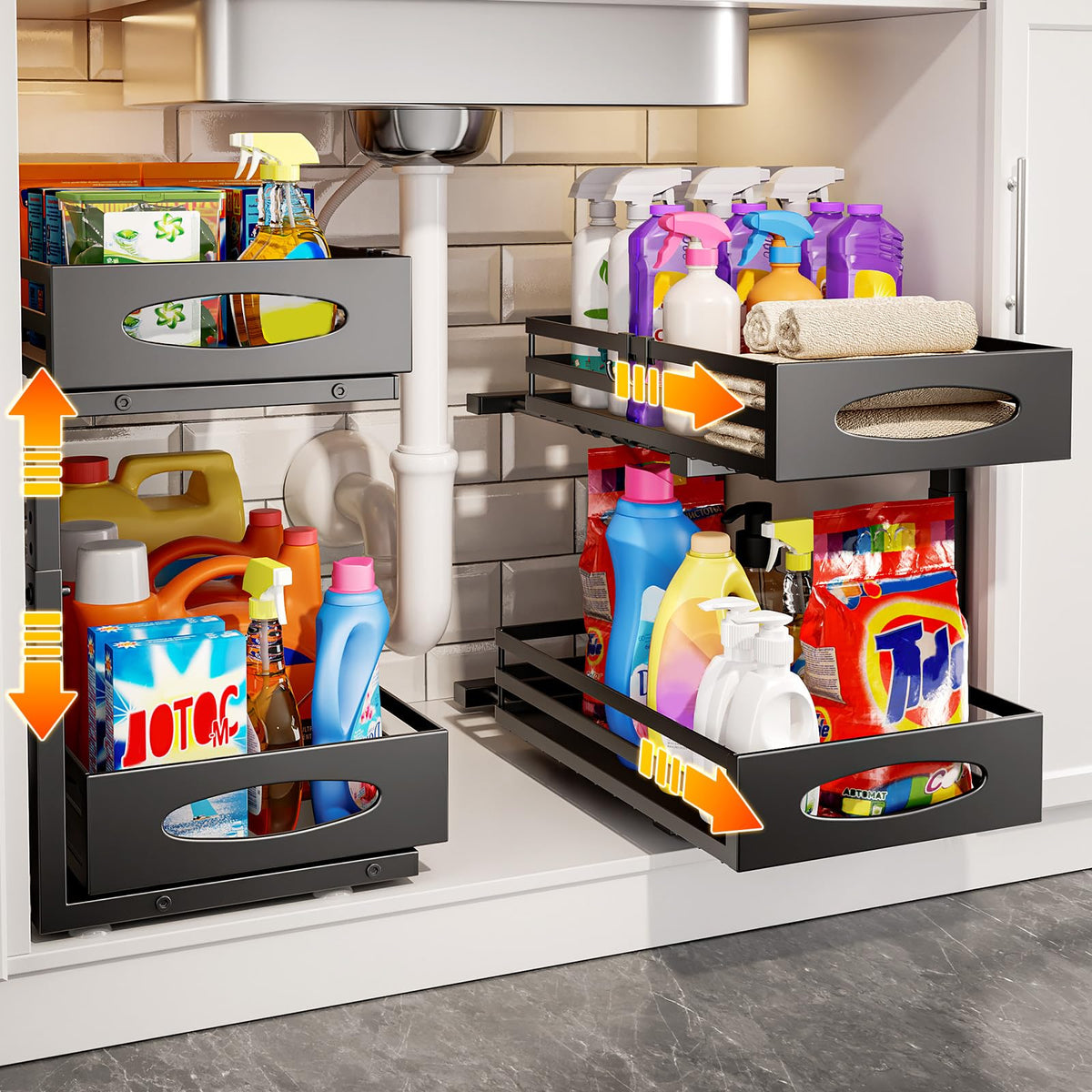 Mixeshop under-sink two-tier organizer in black, with pull-out access for tidy cabinets