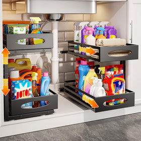 Mixeshop under-sink two-tier organizer in black, with pull-out access for tidy cabinets