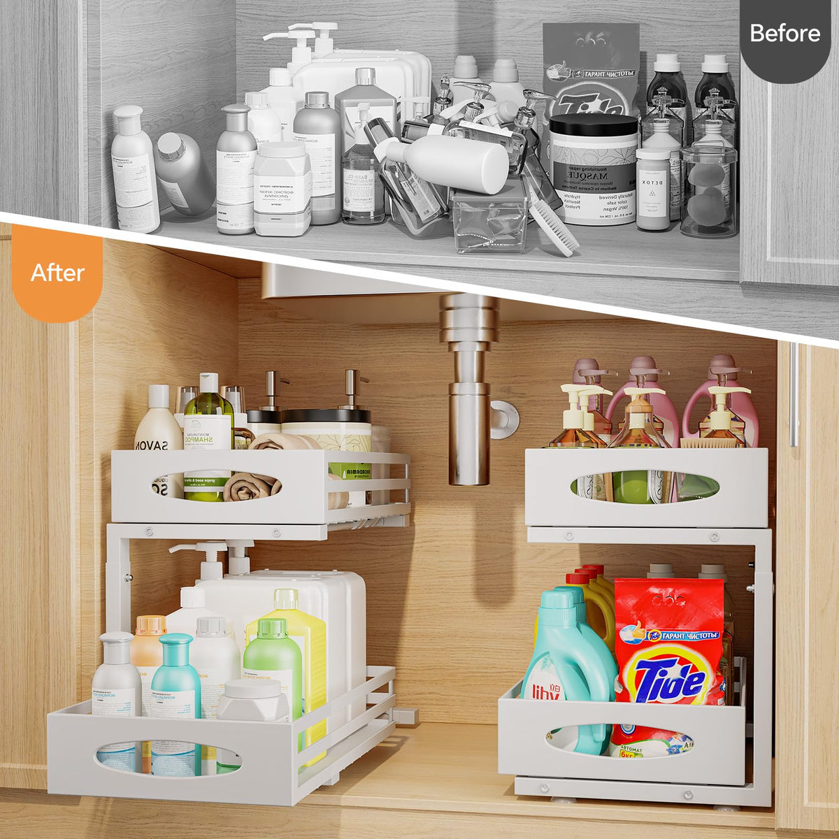 Mixeshop under-sink cabinet storage drawer, white finish keeps items tidy.