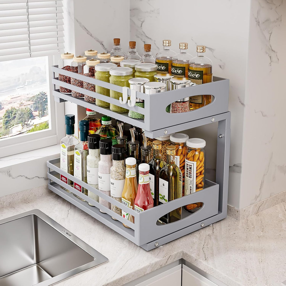 mixeshop under-sink-organizer-slide-out-gray shows smooth-glide drawers for quick access