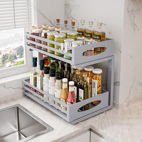 mixeshop under-sink-organizer-slide-out-gray shows smooth-glide drawers for quick access