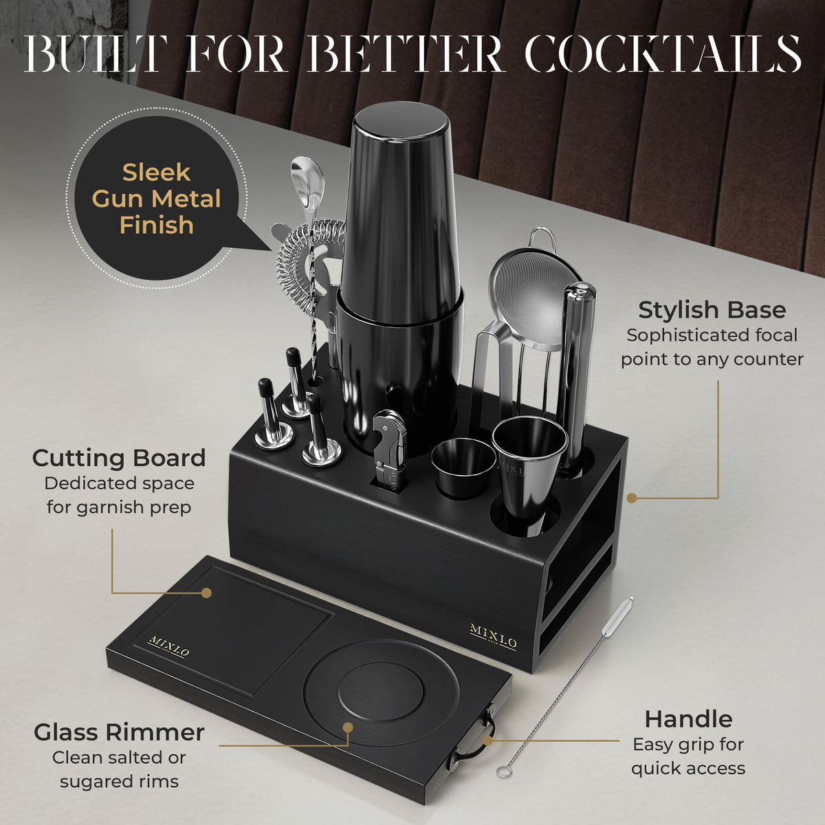 MIXLO HOME bartender kit stand with tools keeps your bar organized during home entertaining
