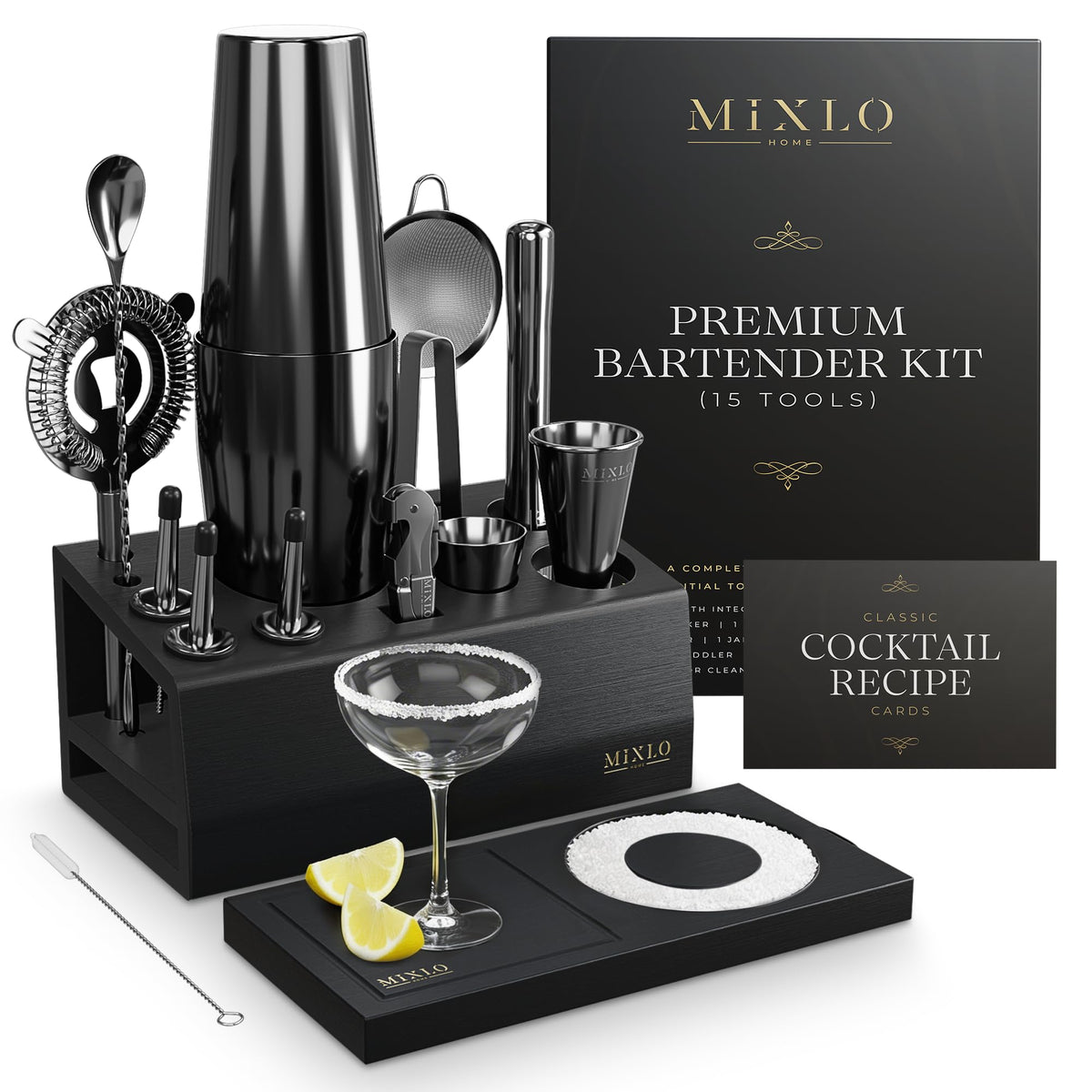 MIXLO HOME mixology bartender kit front view with bamboo stand for organized entertaining