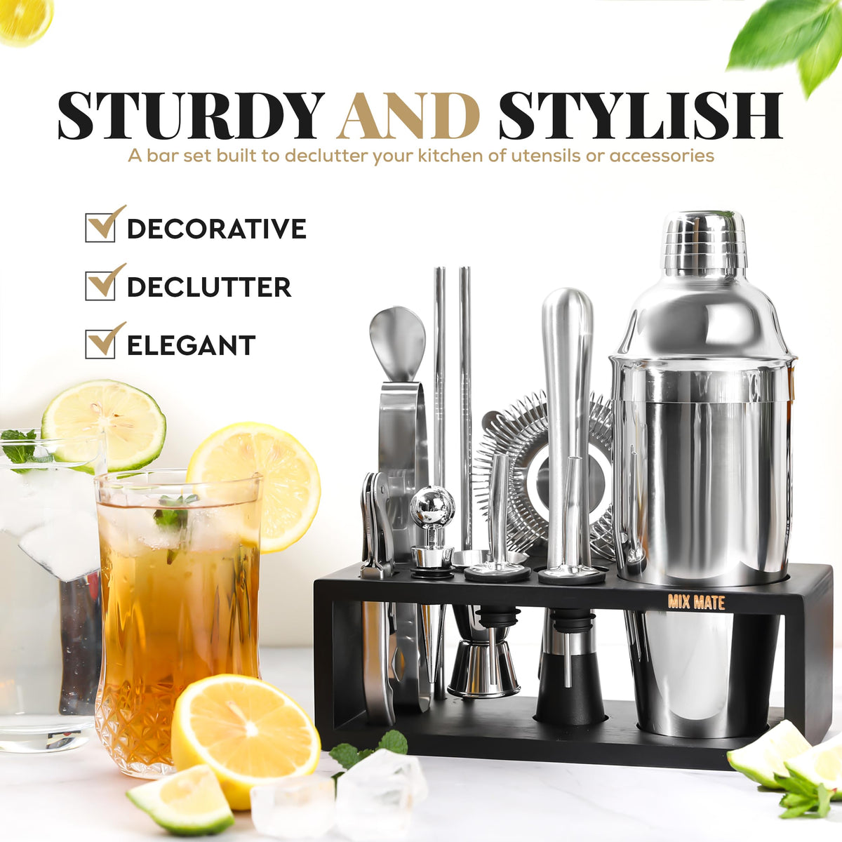 MixMate shaker and jigger in brushed stainless steel.