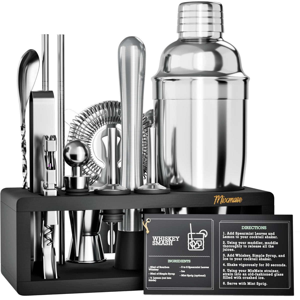 MixMate Bartender Kit with Stand showcases premium stainless steel tools.