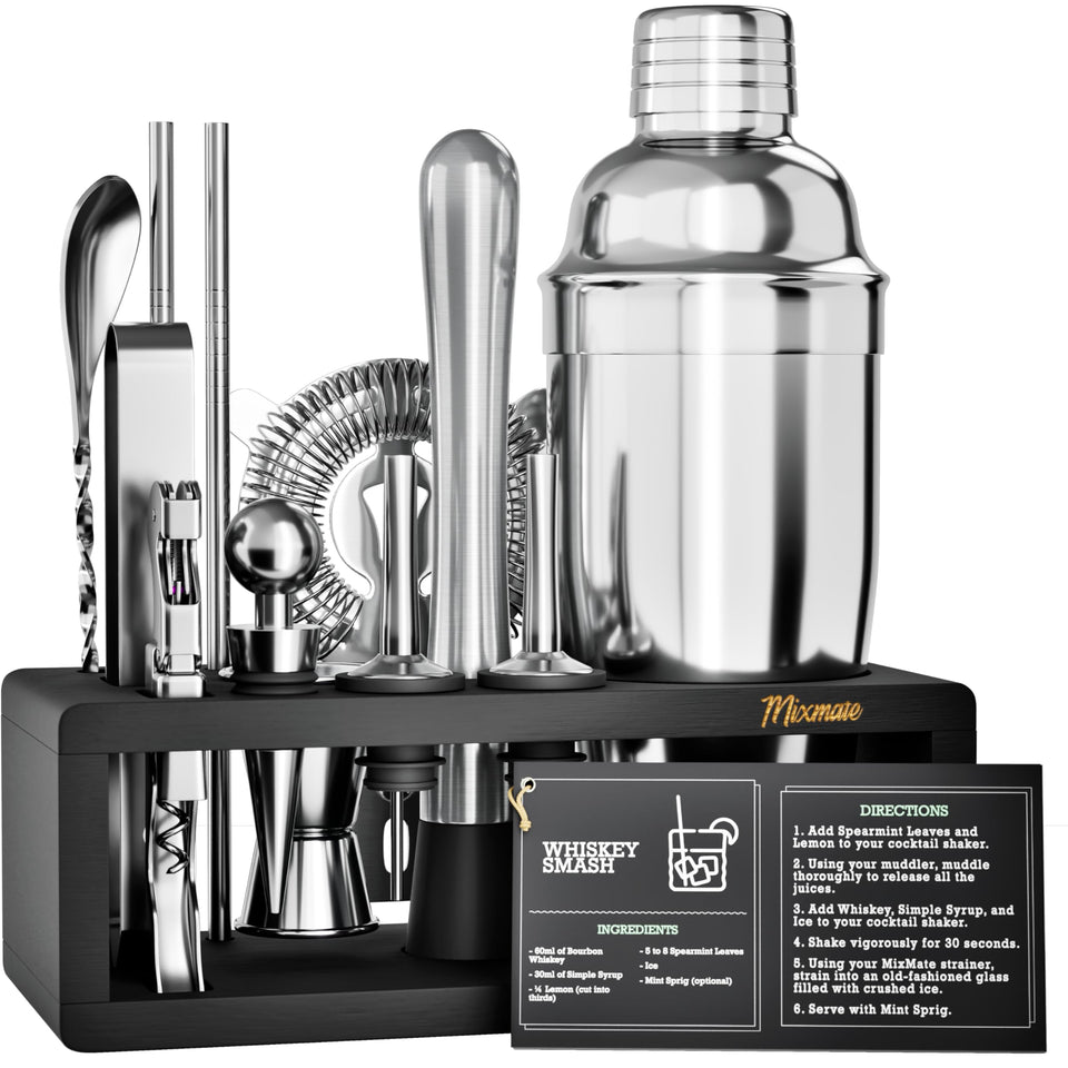MixMate Bartender Kit with Stand showcases premium stainless steel tools.