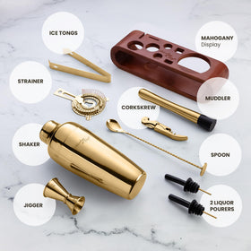 Mixology & Craft dark bamboo stand displaying tools with organized, stylish charm.