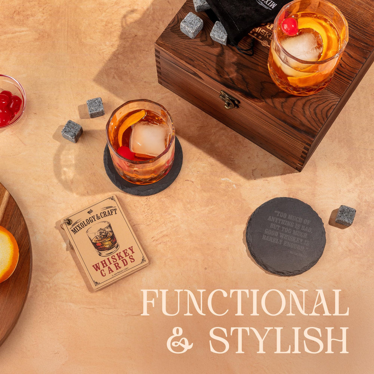 Mixology & Craft slate coasters protect surfaces with rustic charm.