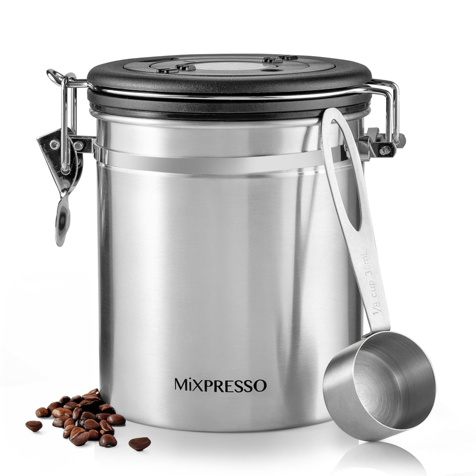Mixpresso 16oz canister with scoop lid preserves beans freshness on the counter