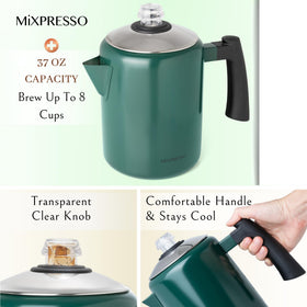 Mixpresso 37oz capacity percolator ready for 2–8 cups, perfect for gatherings.