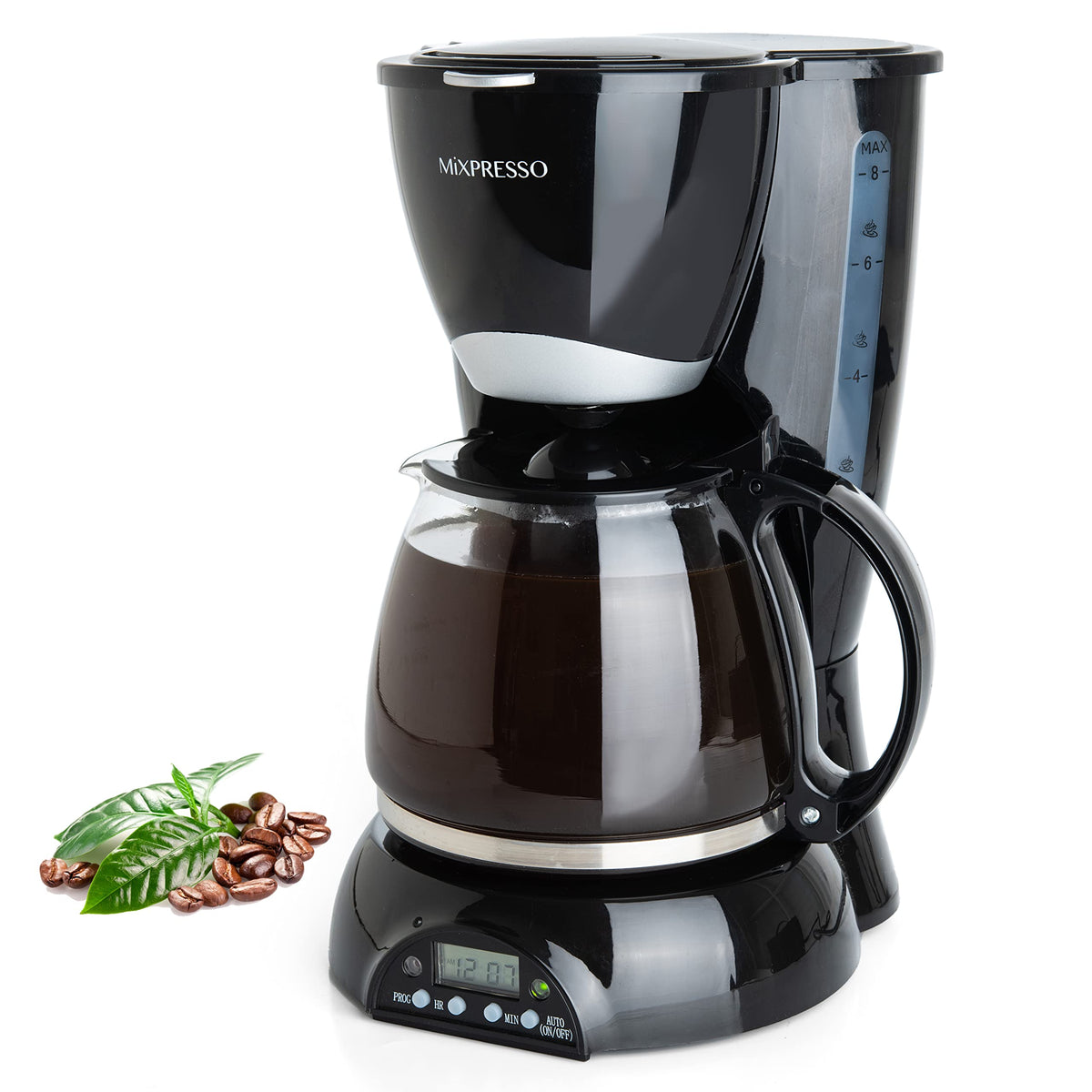 Mixpresso 8-cup drip coffee maker front view showing compact footprint