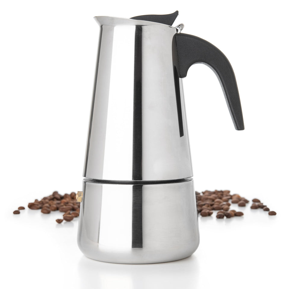 Mixpresso 9-cup greca stovetop espresso pot ready for home brewing.